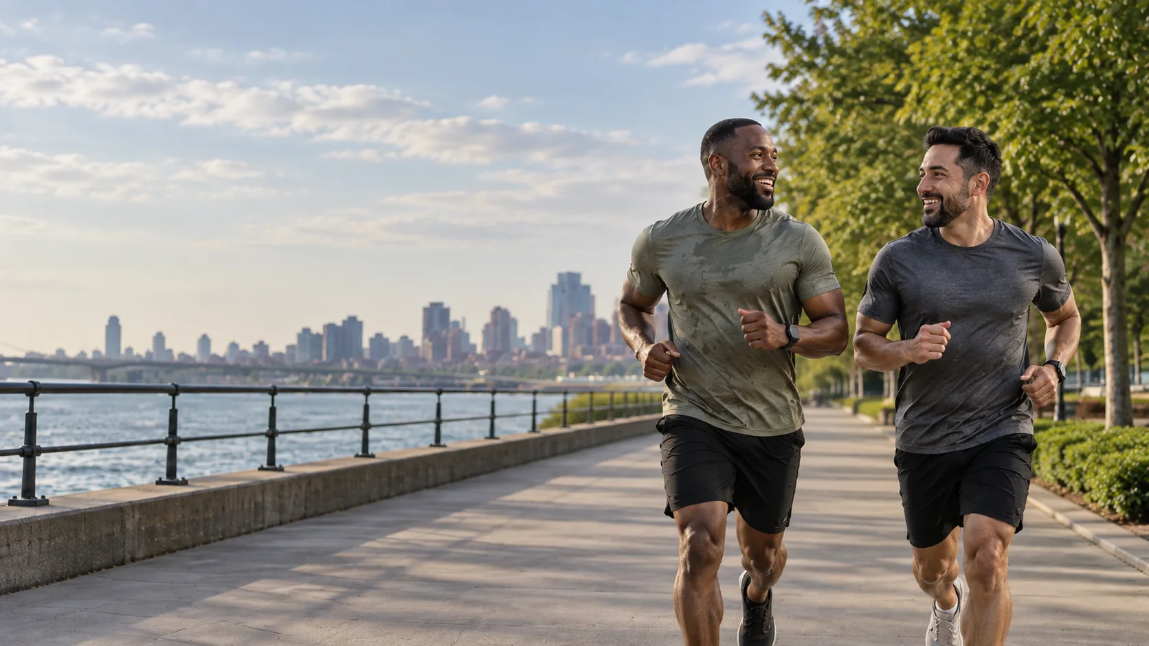 Two men jogging along a waterfront path