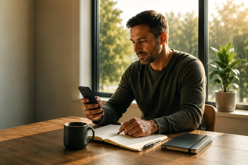 Man at a table with a notebook, reviewing how care is going